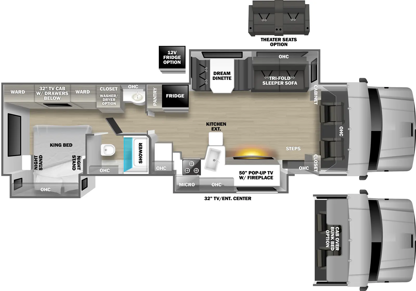 The 37TS has three slideouts and one entry. Exterior features TV/entertainment center. Interior layout front to back: cockpit with overhead cabinet (optional cab over bunk bed); off-door side cabinet and slideout with tri-fold sleeper sofa (optional theater seating), overhead cabinets, and a dream dinette; door side closet, entry, overhead cabinets, and slideout with pop-up TV with fireplace, kitchen counter with extension, sink, overhead cabinet, microwave, and cooktop; pantry and refrigerator (optional 12-volt refrigerator) on off-door side across from kitchen; door side bathroom with toilet, overhead cabinet and shower; off-door side sink with overhead cabinet, and closet with optional washer/dryer; rear bedroom with king bed, nightstands and overhead cabinet in door side slide out, and off-door side wardrobes with TV and drawers below.